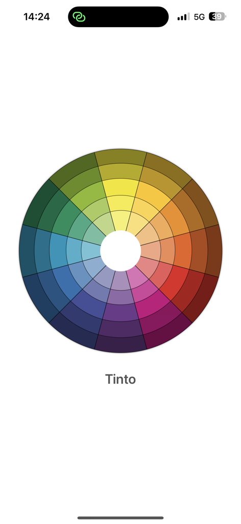 Tinto: Personal Color Wheel - Tintoアプリのインターフェースに、カラーハーモニーとデザイン選択のための、多セグメントの円形カラーホイールが表示されている。