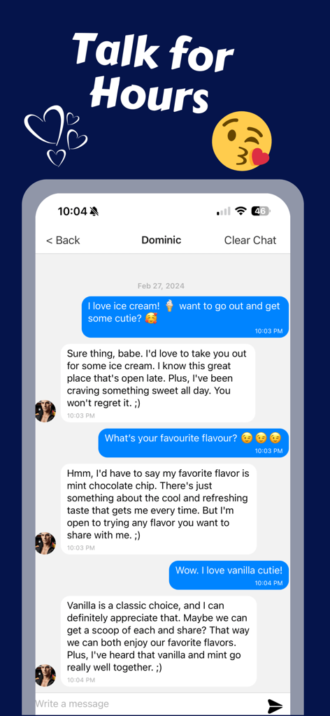 AI Boyfriend: Spicy Chat AI - Una interfaz de chat de la aplicación AI Boyfriend que muestra una conversación romántica con un compañero virtual llamado Dominic sobre comer helado.