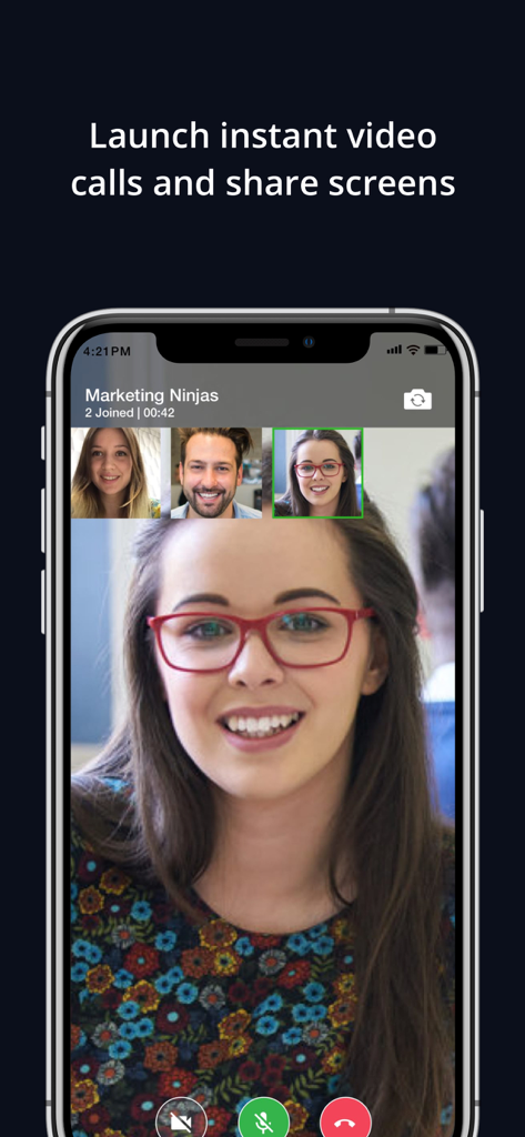 Flock: Team Communication App - A mobile interface of the Flock app displaying an active video call with team members