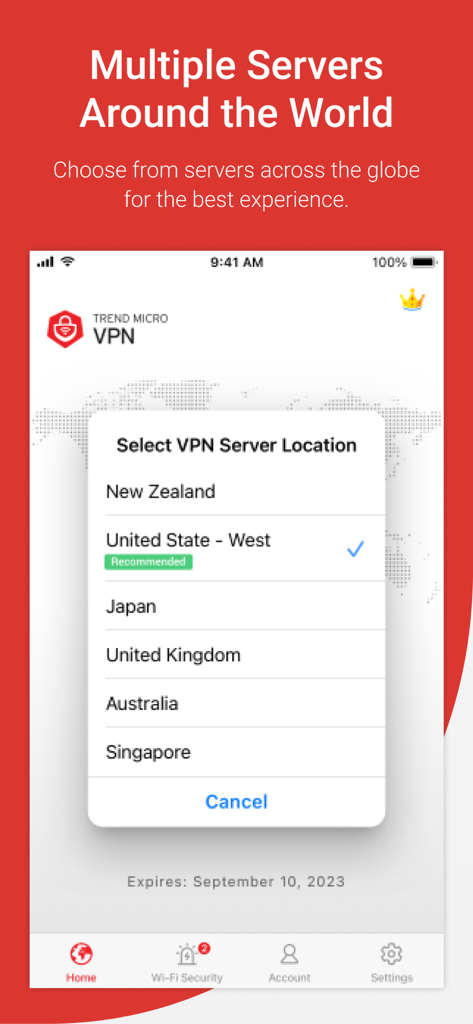 Trend Micro VPN interface showing a list of global server locations including United States and Japan