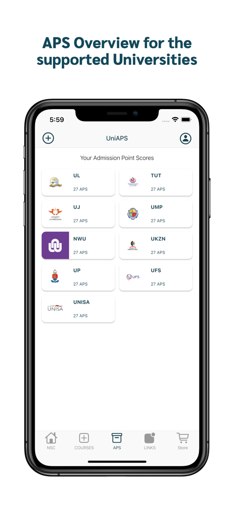 UniAPS - Mobile app screen showing calculated APS scores for multiple South African universities