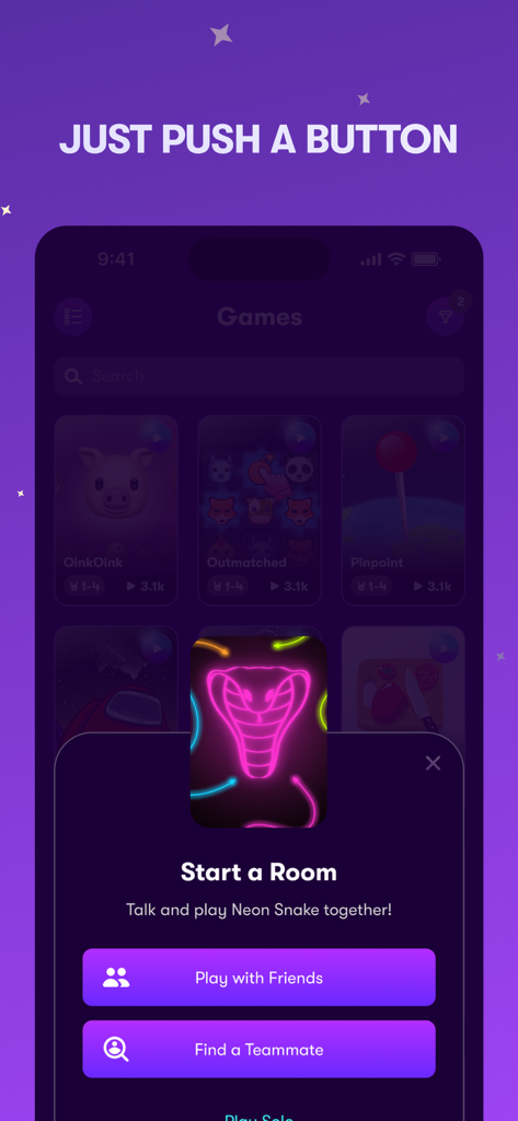 Interface de l'application Rune montrant une fenêtre contextuelle pour démarrer une salle de jeu sociale pour Neon Snake avec des options pour jouer avec des amis ou trouver un coéquipier