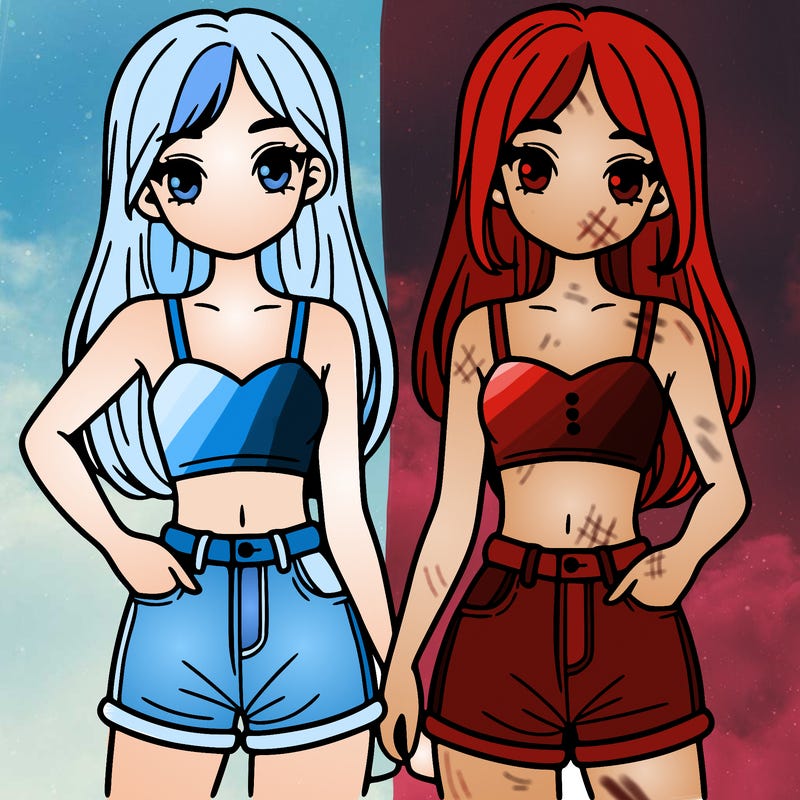 two sisters with crop tops and jean shorts and straight hair