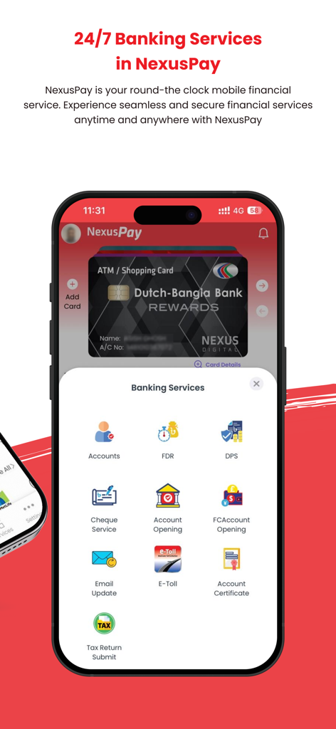 Aplicación móvil NexusPay mostrando un menú de servicios bancarios que incluyen cuentas y tarjetas digitales