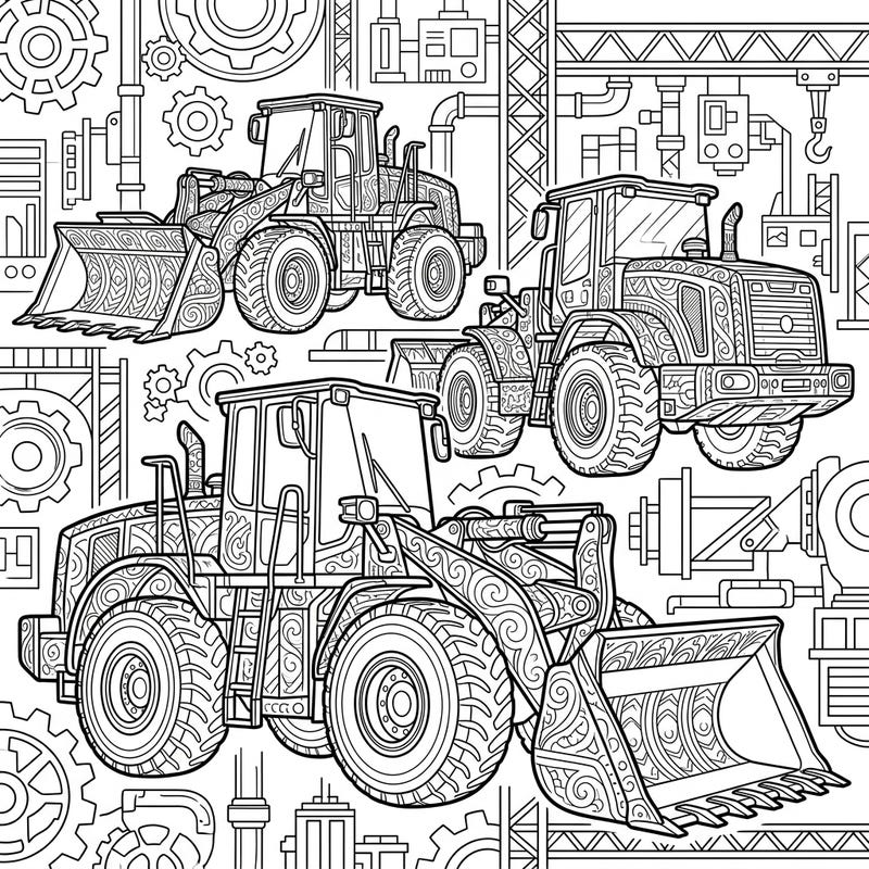 Dive into the intricate world of heavy machinery with these detailed wheel loader coloring pages, perfect for adult coloring enthusiasts. Unleash your artistic flair on complex patterns and industrial scenes designed for relaxation and focus.