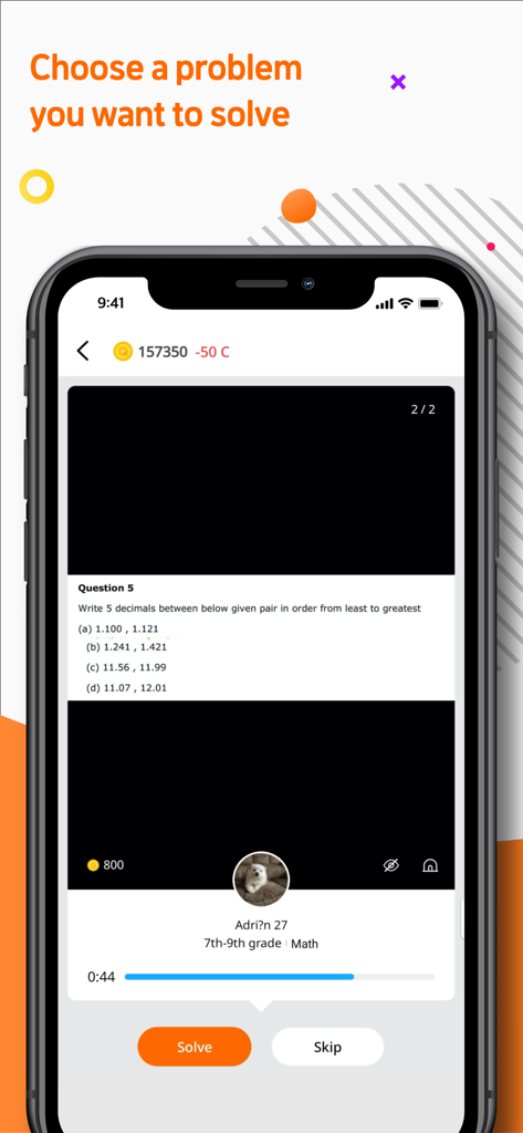 Qanda Teacher : Solve and earn - Qanda Teacher app interface displaying a math question with solve and skip options