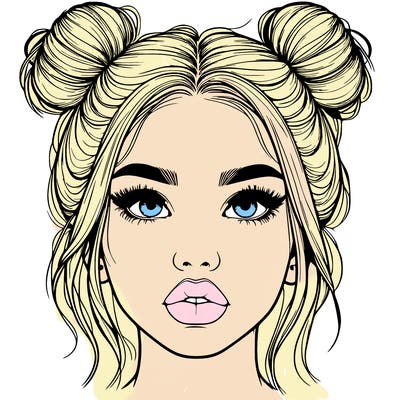 realistic girl with two buns on her hair and lips