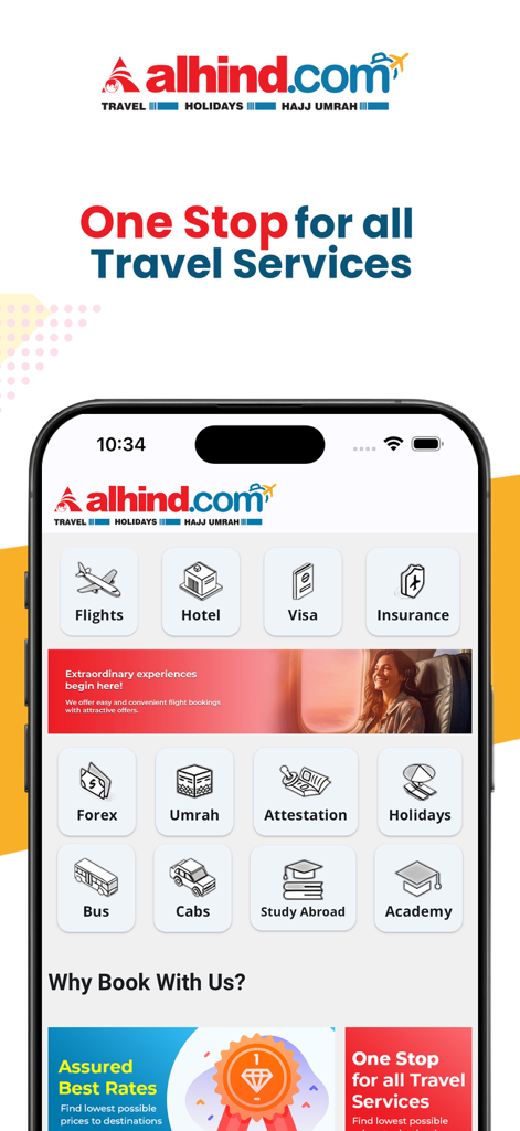 Alhind.com - Alhind.com app home screen showing travel services including flights, hotels, and holiday packages