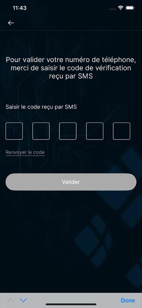 MT Cash - Pantalla de verificación por SMS para validación del número de teléfono en la aplicación MT Cash