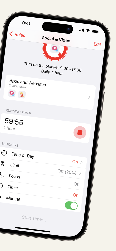 Screen Time - AppStops - AppStops app interface showing a running timer for blocking social and video apps.