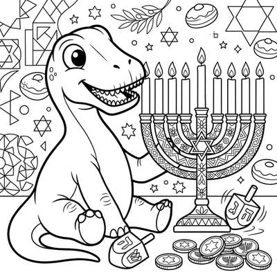 Discover a truly unique celebration with our Nigersaurus Hanukkah coloring page! This adorable dinosaur joins the festivities, surrounded by traditional symbols for hours of creative fun.