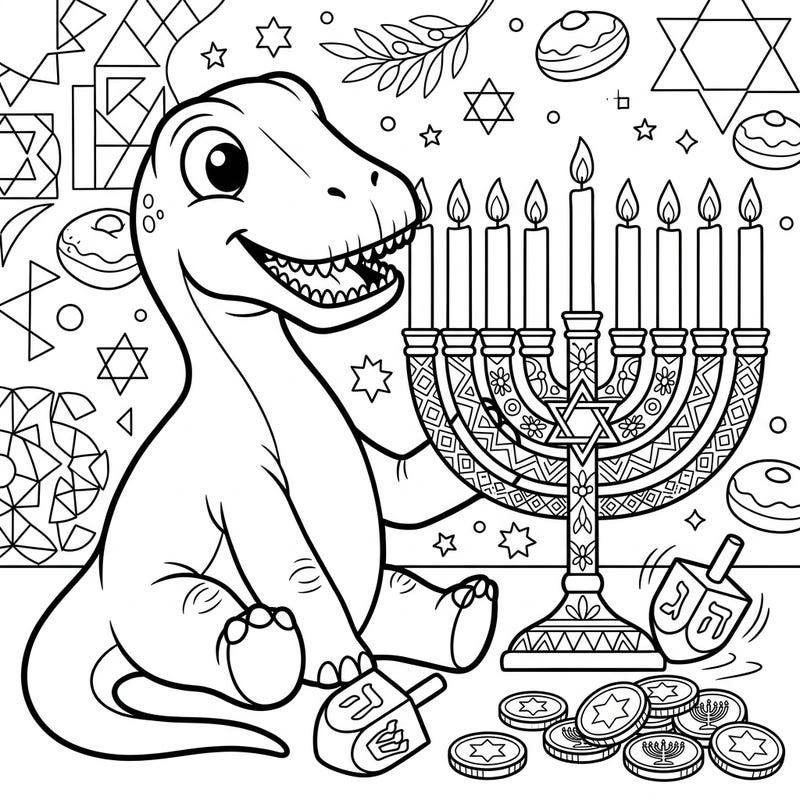 Discover a truly unique celebration with our Nigersaurus Hanukkah coloring page! This adorable dinosaur joins the festivities, surrounded by traditional symbols for hours of creative fun.