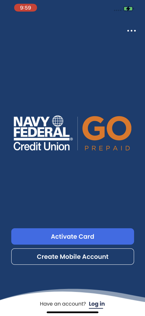Navy Federal GO Prepaid app welcome screen with options to activate card or create an account