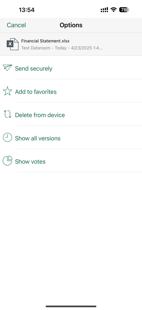 Brainloop Secure Client - Options menu for a financial statement in the Brainloop app showing secure sharing and voting features