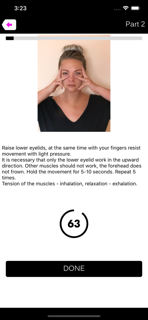A woman demonstrating a facial exercise for lower eyelids with a countdown timer in the app
