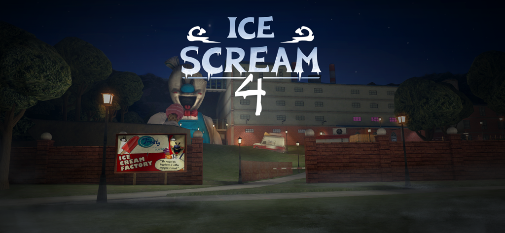 Ice Scream 4: Rods Factory - 아이스크림 4 로드 공장 타이틀 화면, 밤에 으스스한 아이스크림 공장과 거대한 마스코트 머리가 보임