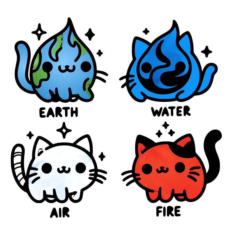 4 cats that represent the different elements, earth, water, air, and fire