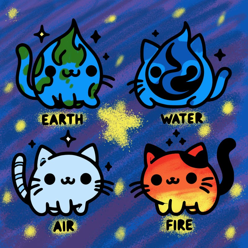 4 cats that represent the different elements, earth, water, air, and fire