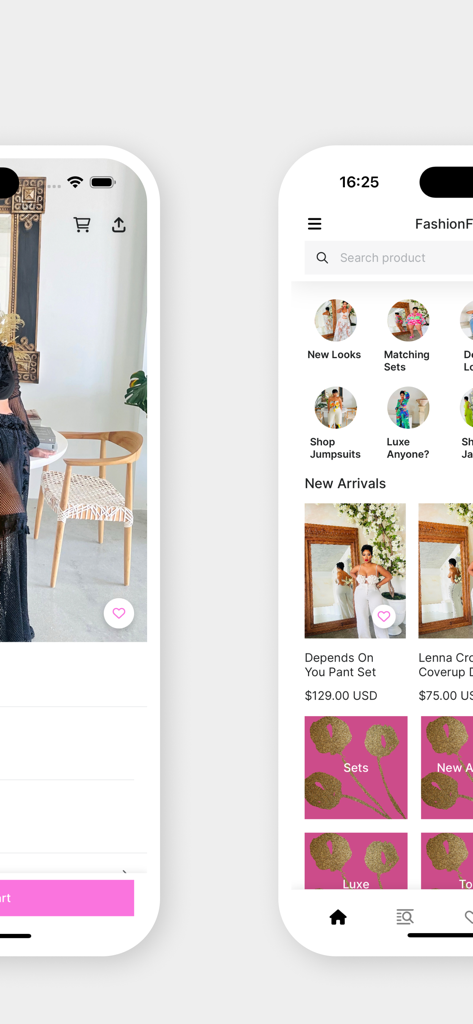 FashionFreakssss - Interfaccia dell'app mobile FashionFreakssss che mostra collezioni di moda femminile di tendenza e nuovi arrivi
