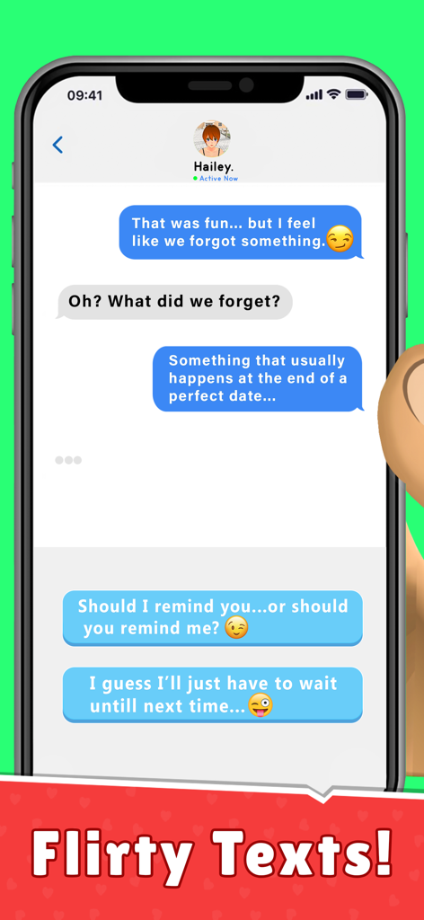 A mobile screen showing a flirty text message conversation with dialogue choices in the Secret Kiss game.