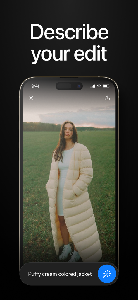 Wand - AI canvas - A screenshot of the Wand AI app showing a text prompt used to edit an image of a person in a field