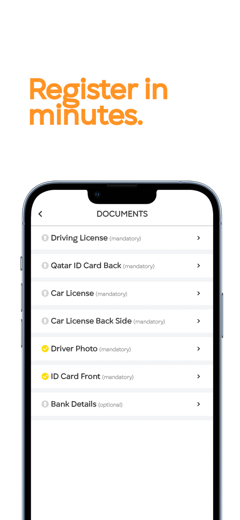 RYDE Driver - Qatar - Registration screen for RYDE Driver Qatar showing the document upload list for new drivers