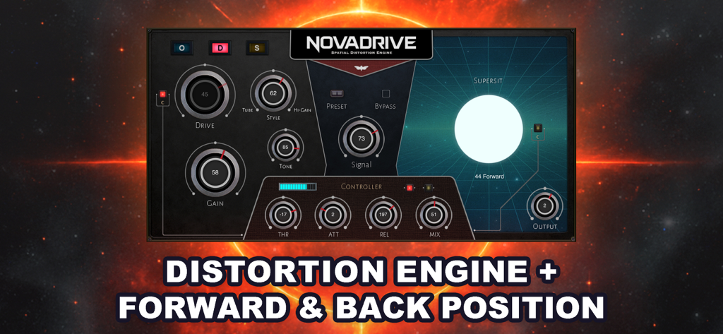NovaDrive - Spatial Distortion - User interface of the NovaDrive spatial distortion plugin featuring professional audio controls and the SuperSit spatial positioning system
