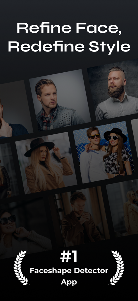 Style AI -Face shape detector - Pantalla promocional de la aplicación Style AI Face Shape Detector con el lema 'Refina tu Rostro, Redefine tu Estilo' y un collage de modelos elegantes