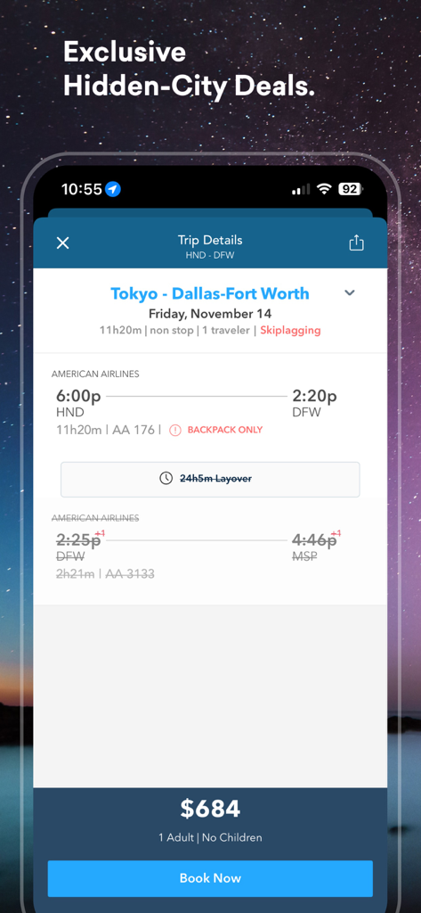 Skiplagged mobile app showing a hidden city flight itinerary from Tokyo to Dallas with a backpack only requirement