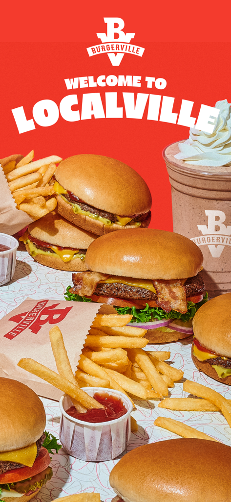Promotional image for the Burgerville app showing burgers fries and a milkshake with the text Welcome to Localville