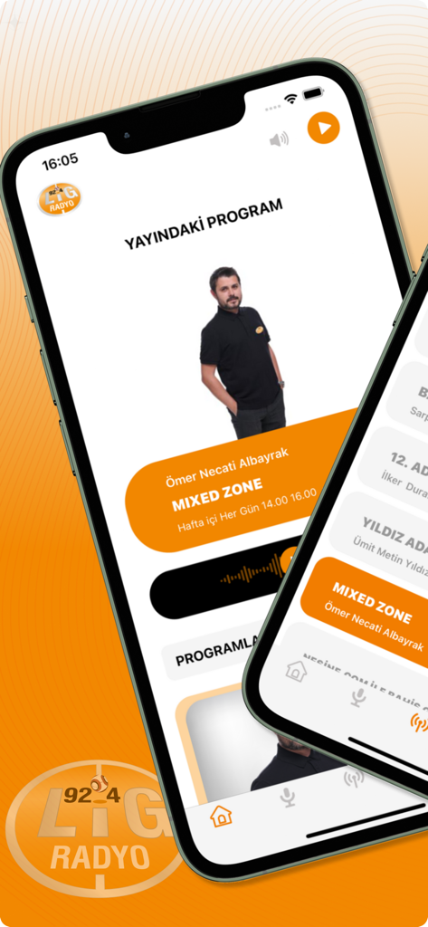 Lig Radyo - Lig Radyoモバイルアプリのインターフェース。ライブスポーツラジオ番組と放送スケジュールを表示しています。