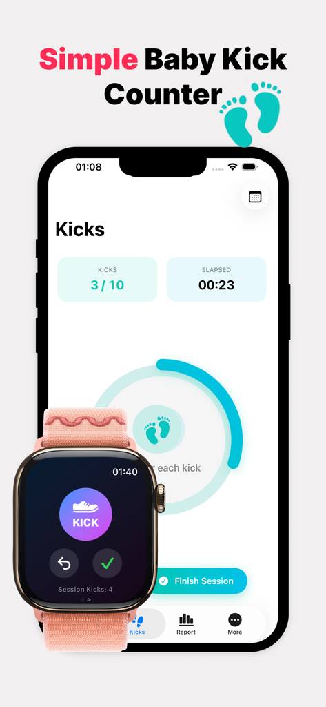 Interface of the Contraction Timer and Kick Count app displayed on an iPhone and Apple Watch.