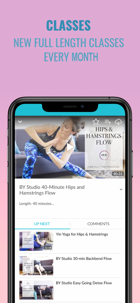 Bad Yogi Studio app displaying a 40-minute hips and hamstrings yoga class video on a mobile screen.