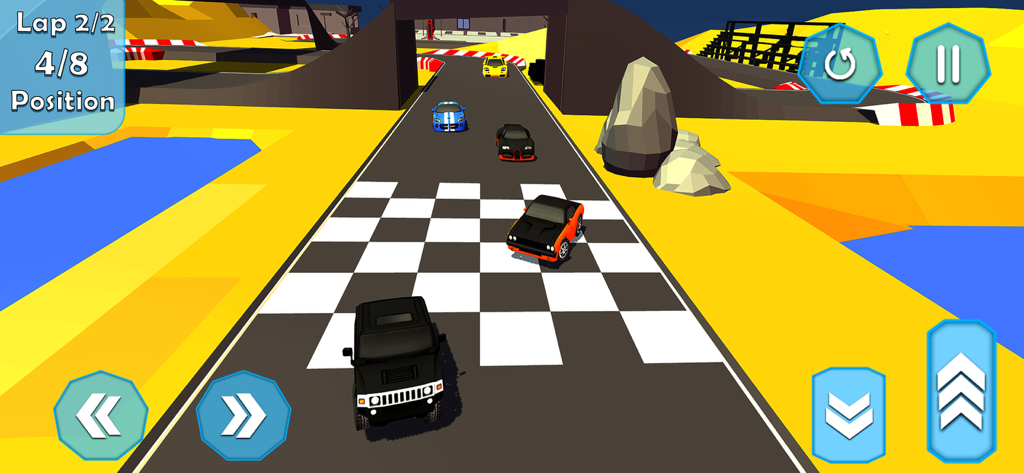 Car Racing: Car Stunt Game - A 3D mini car racing game screenshot showing a black SUV and other sports cars on a track with a checkered finish line