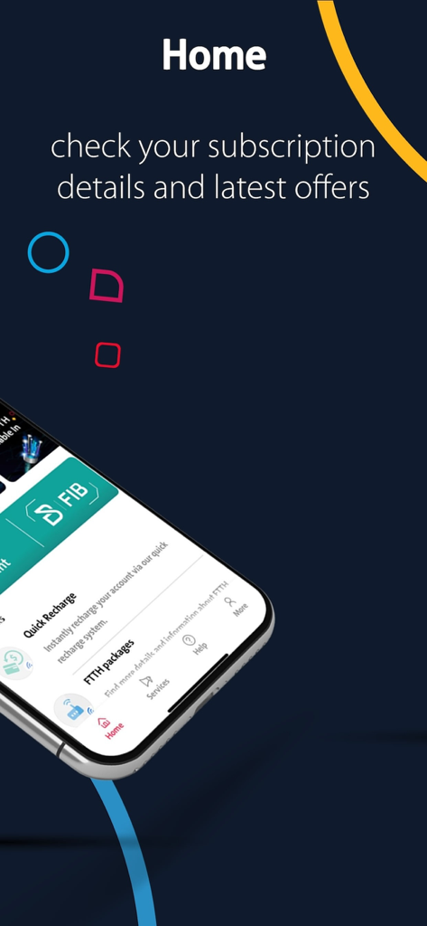 FTTH - Interface de l'écran d'accueil de l'application FTTH montrant la gestion des abonnements et les offres internet