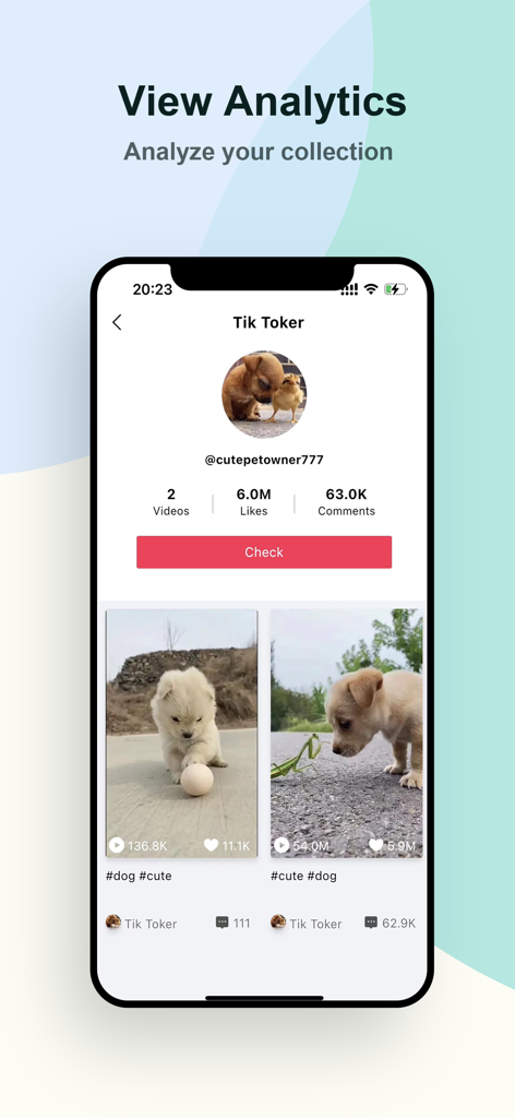 Tikcd app interface showing TikTok video analytics and performance statistics