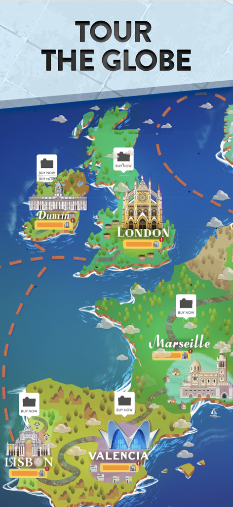 House Flip - World map interface in House Flip game showing international renovation locations like London and Lisbon