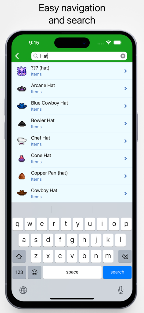 Search interface of the Database for Stardew Valley app showing a list of hat items
