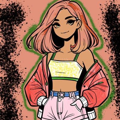 a realistic girl with a crop top and short shorts in an open jacket