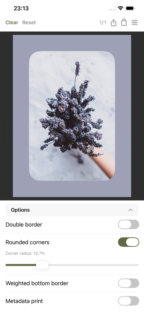 Border Pro - Interface do aplicativo Border Pro mostrando ajustes de cantos arredondados em uma foto com borda lavanda.