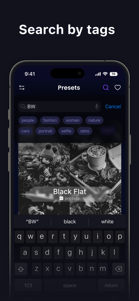 Presets for Lightroom: Filters - Mobile app interface showing search by tags for Lightroom photo presets including categories like fashion and portrait.