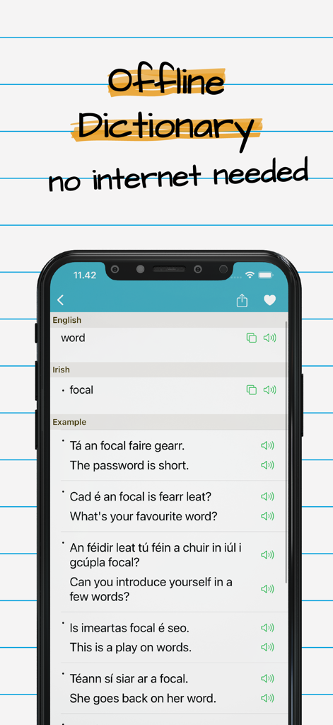 Irish English Dictionary app interface showing translations and example sentences without internet