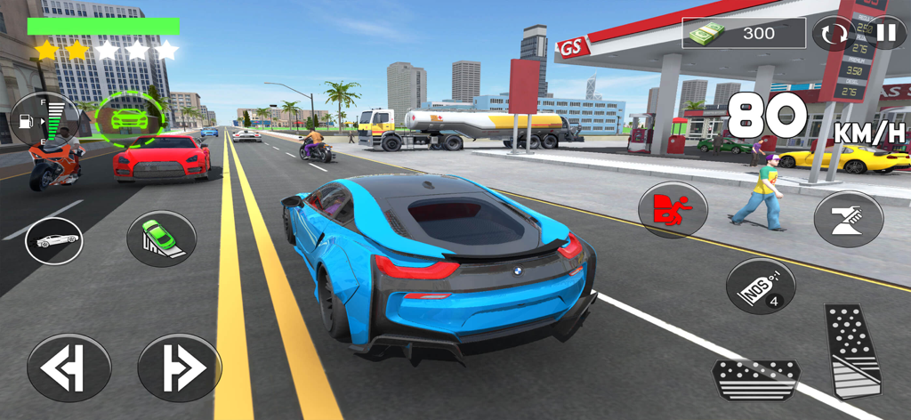 Gangster Life Open World Games - A blue sports car driving through a vibrant city street with other vehicles and a gas station in the background.