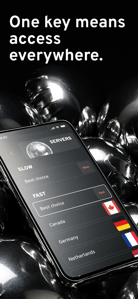 Ecrã de iPhone mostrando uma lista de servidores VPN globais, incluindo Canadá, Alemanha e Países Baixos