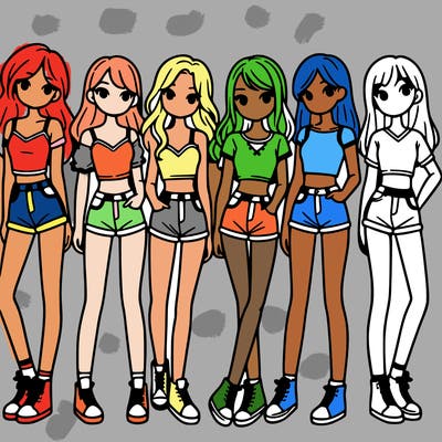 a group of girls wearing crop tops and shorts