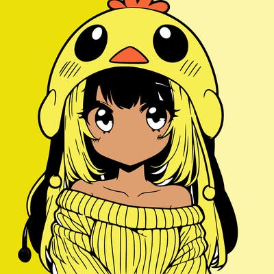 anime girl with chick shaped hat with sweater with bare shoulders with bangs covering them one eye with low tail