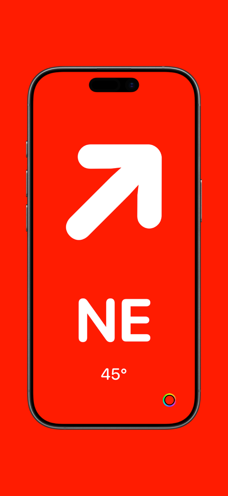 Arrow - Ultraminimal Compass. - Minimalist compass app interface on a red background showing a white arrow pointing northeast with 45 degrees indication.