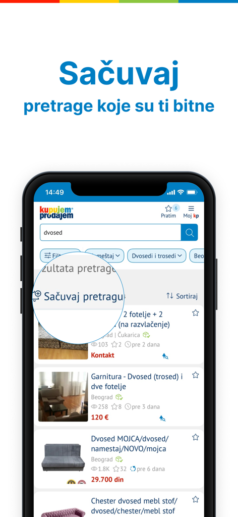 KupujemProdajem - KupujemProdajem mobile app interface showing furniture listings and the save search feature.