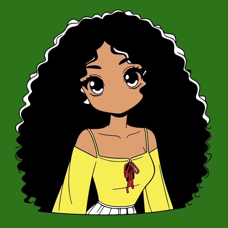 a black anime girl with long afro hair