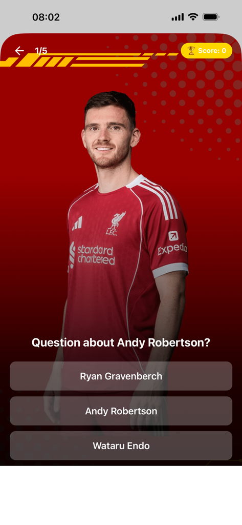 The Red Stand: Liverpool News - A trivia question about player Andy Robertson in The Red Stand Liverpool news app.